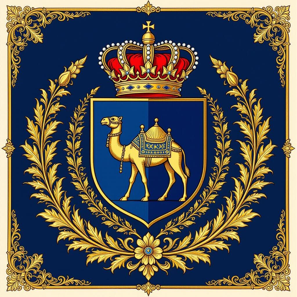 Royal Camel Crest with Crown in Gold and Blue