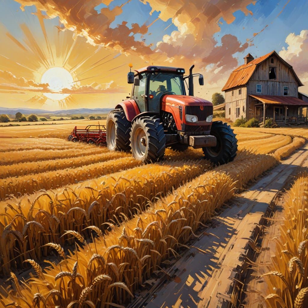 Golden Hour Farm: An Expressive Oil Painting