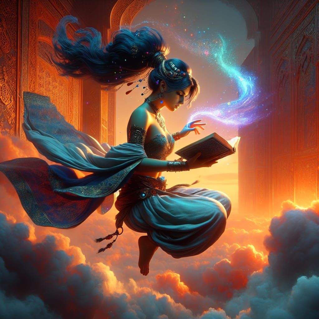 Fantastical Genie Reads Levitating Book in Majestic Mid-Air....