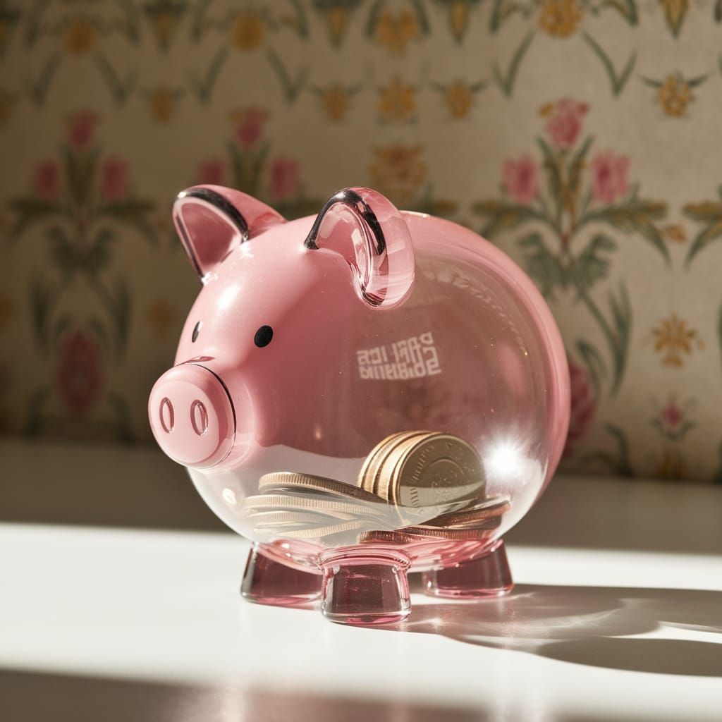 Pink Glass Piggy Bank with Coins