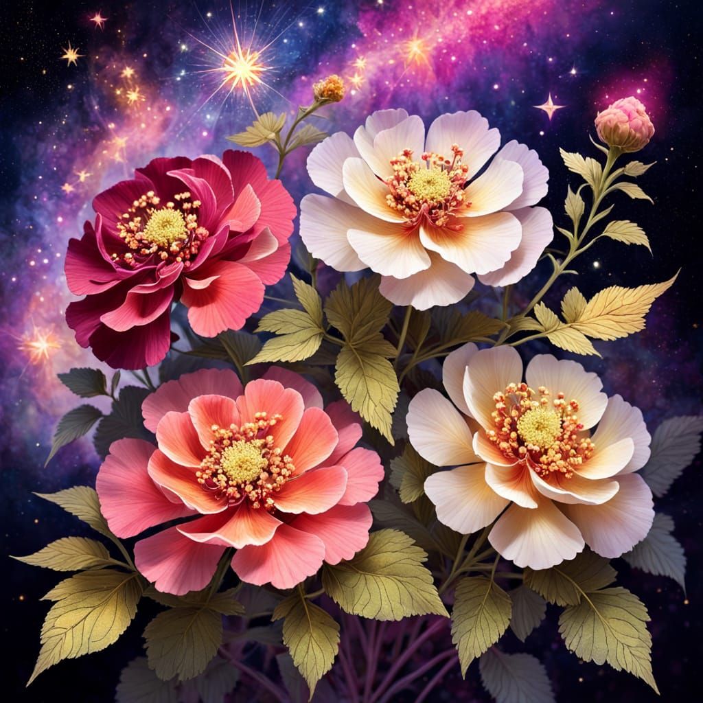 Celestial Flowers in Starry Void: Lantana, Geranium, Peony