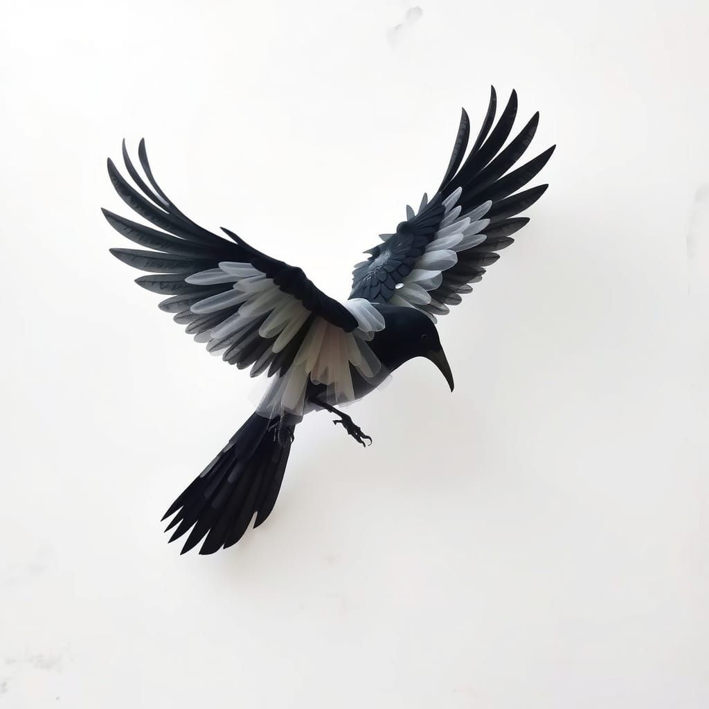 Tulle Crow in Mid-Air Sculpture in Ethereal Style