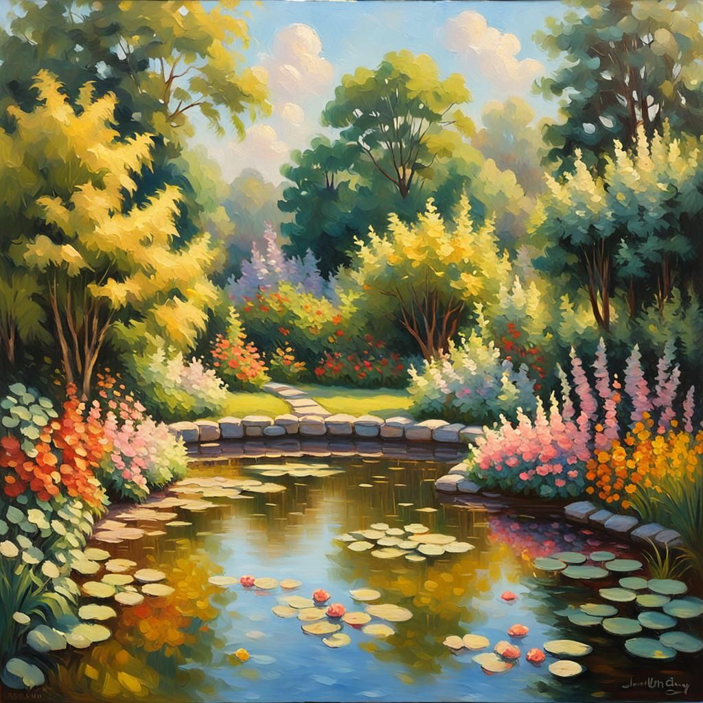 Idyllic Garden Scene in Impressionist Oil Painting Style