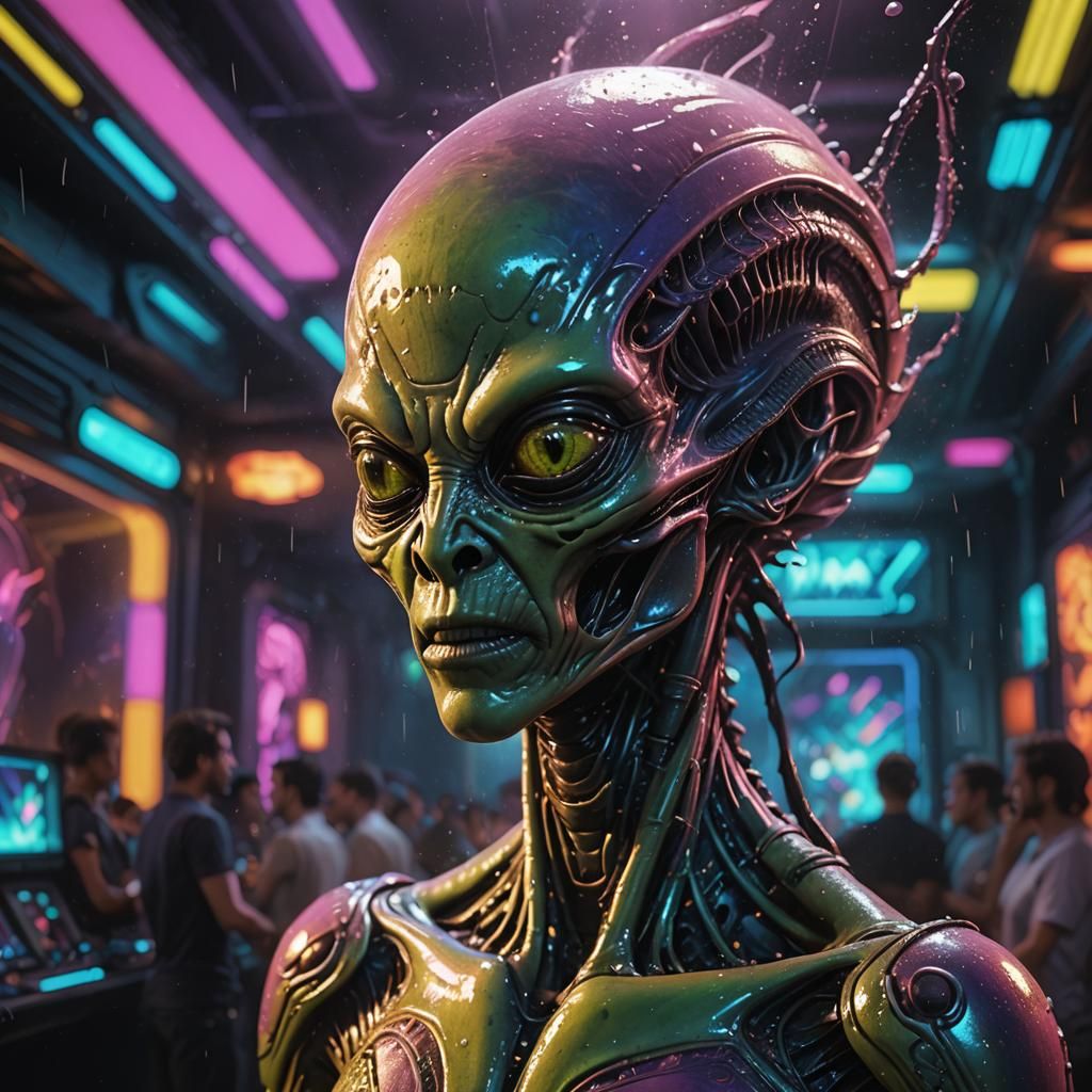 Dramatic Alien Club Scene in Hyperrealistic Style