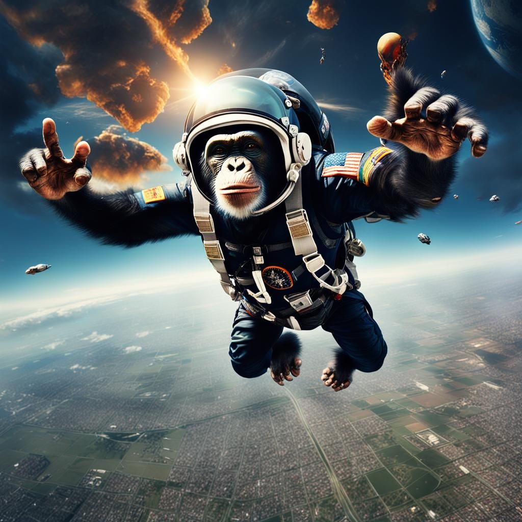 Hyperrealistic Chimpanzee Astronaut in Dramatic Skydiving Sc...