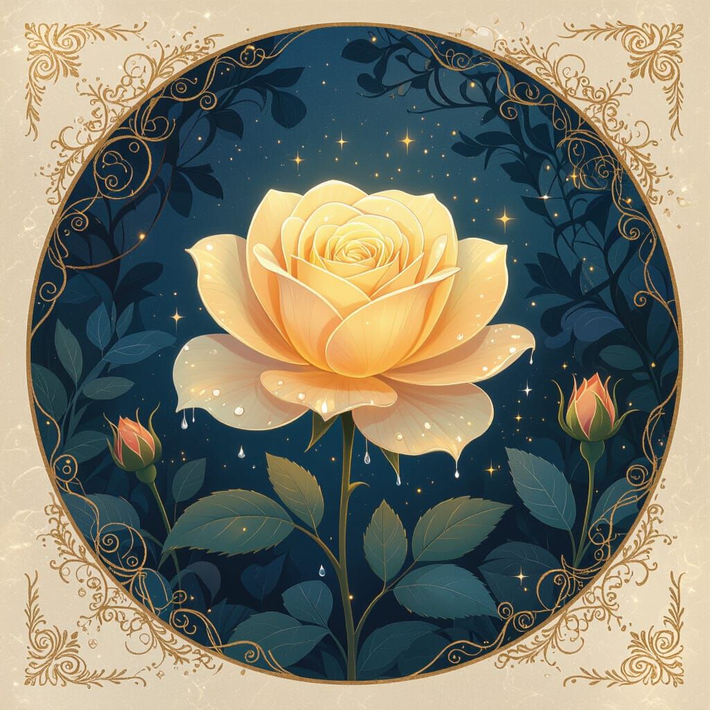 Magical Golden Rose in Twilight Garden, Gouache Painting
