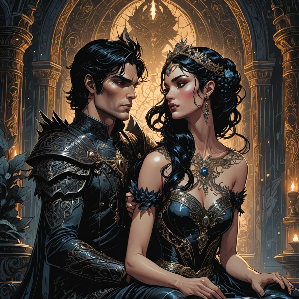 Gothic Dark Fae Couple in Elegant, Ornate Throne Room