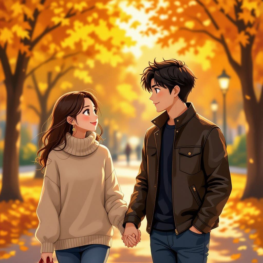 Couple in Autumn Park, Anime Style