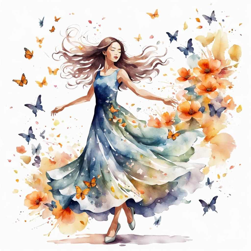 A Young Girl Dances Amidst Whimsical Florals in Watercolor D...