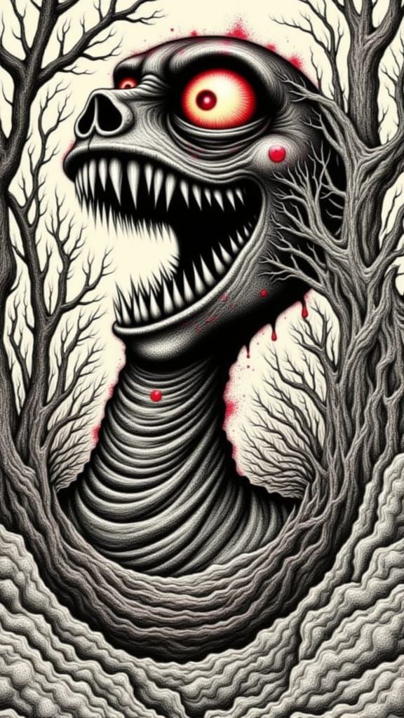 Monstrous Head Devours Reflection in Glitchy Digital Horror