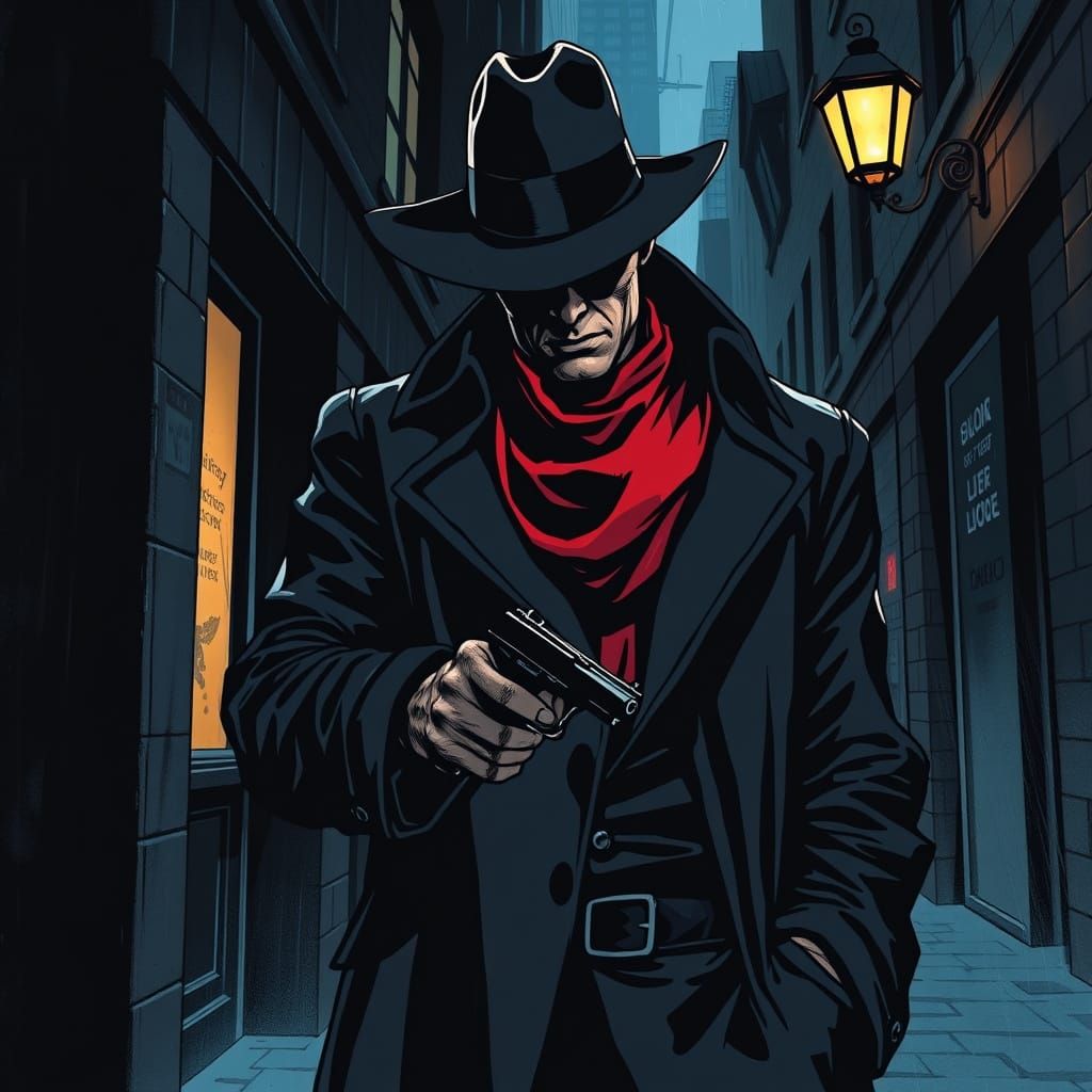 Comic Art Style: Shadow Character in Rainy Alley