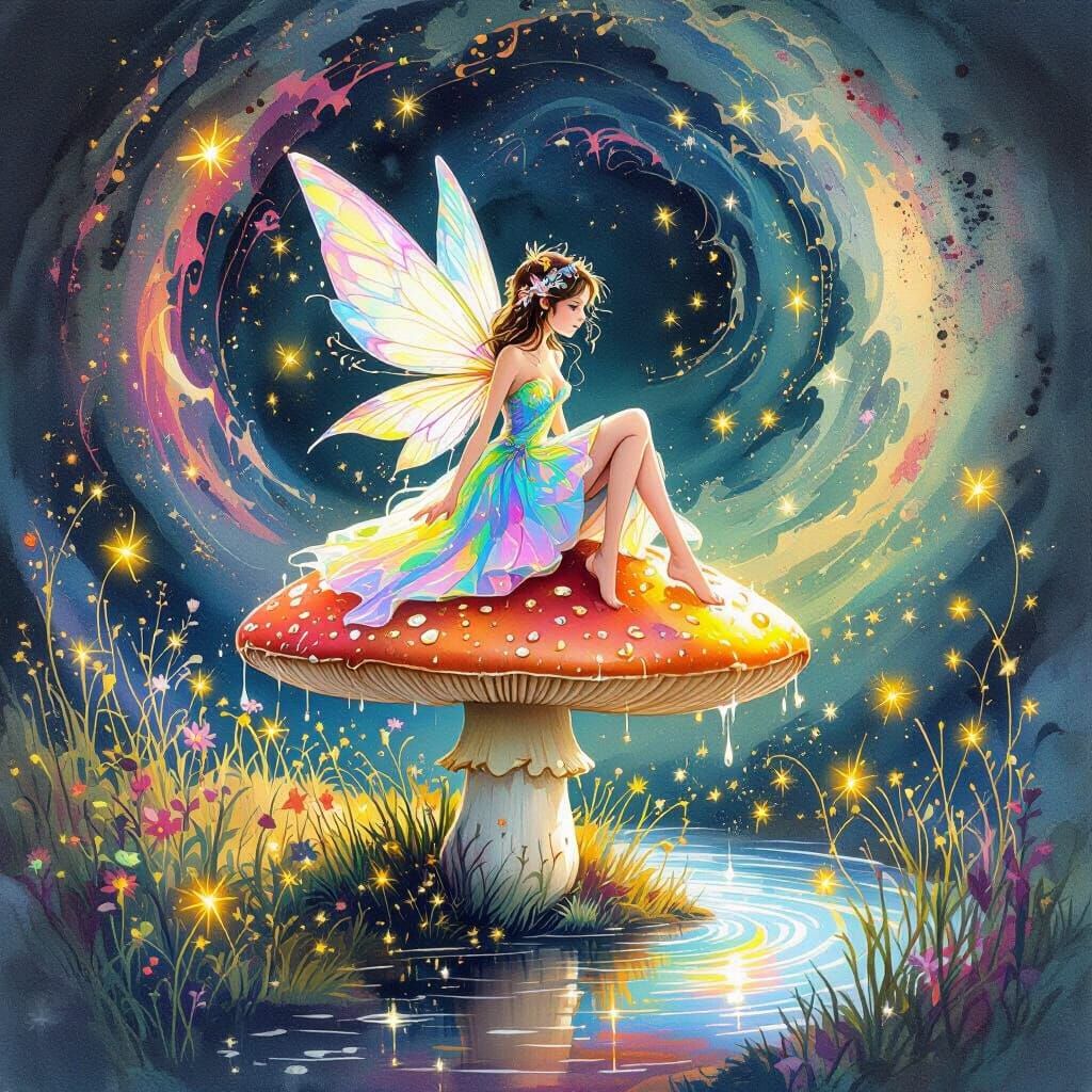 Glowing Fairy on Mushroom in Bold Watercolor Style