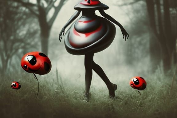 Girl toddler riding giant lady bug