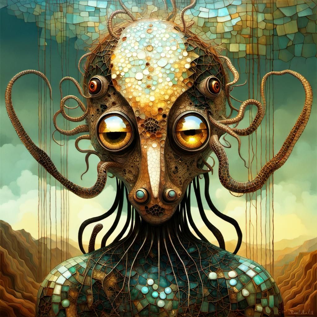 Surreal Futuristic Mosaic Masterpiece with Octopus Robot and...