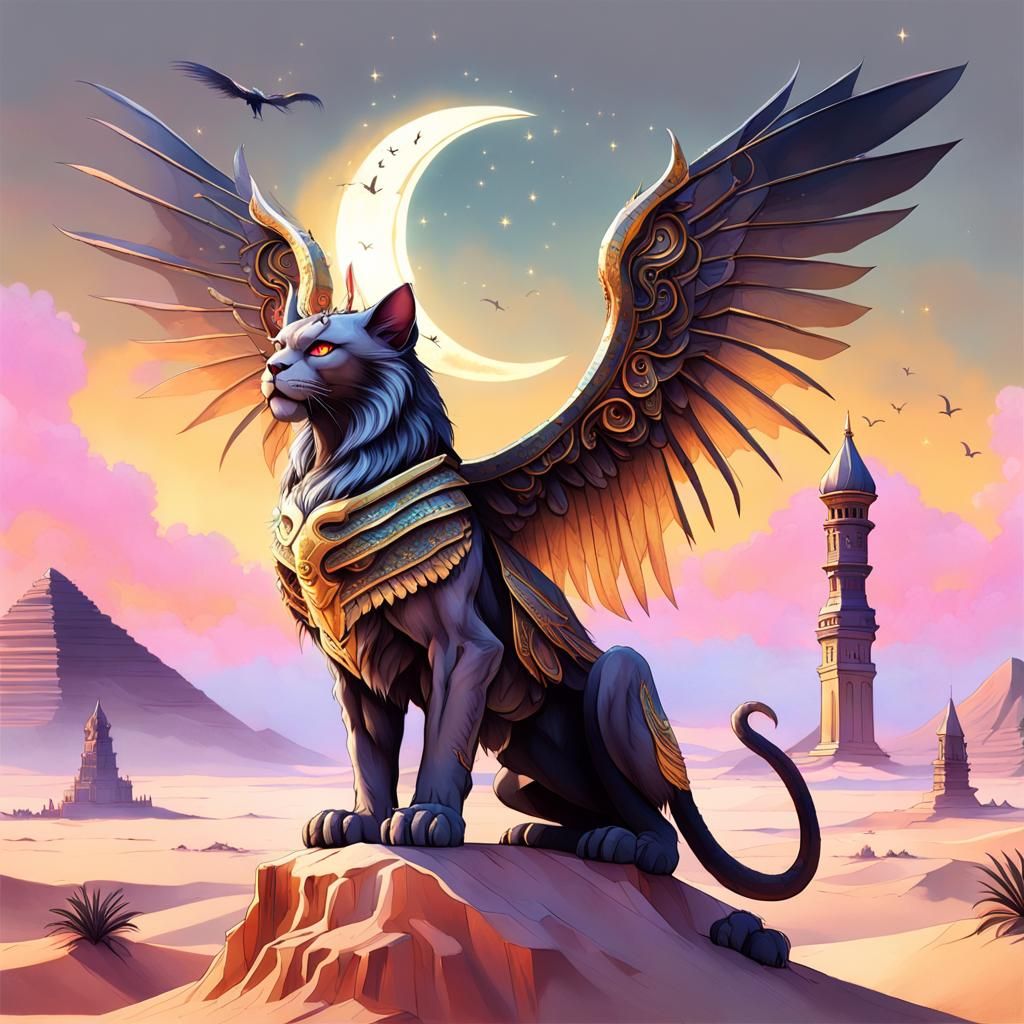 Hyperrealistic Temple Guardian in Golden Wings and Smokey Sp...