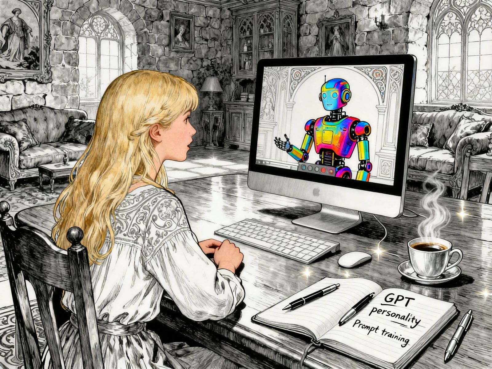 AI Conversation in 17th Century Room, Vibrant Sketch Style