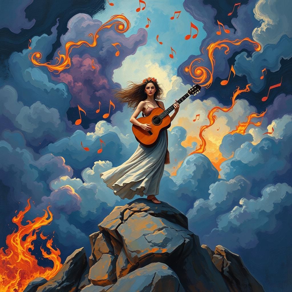 Bohemian Guitarist Ignites the Heavens in Expressionist Art