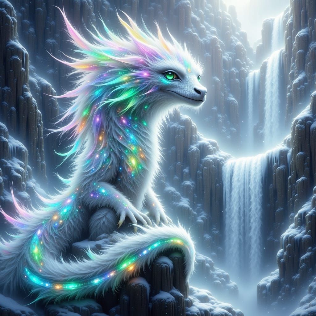 Albino Dragon Contemplates Winter Landscape in Hyperrealisti...