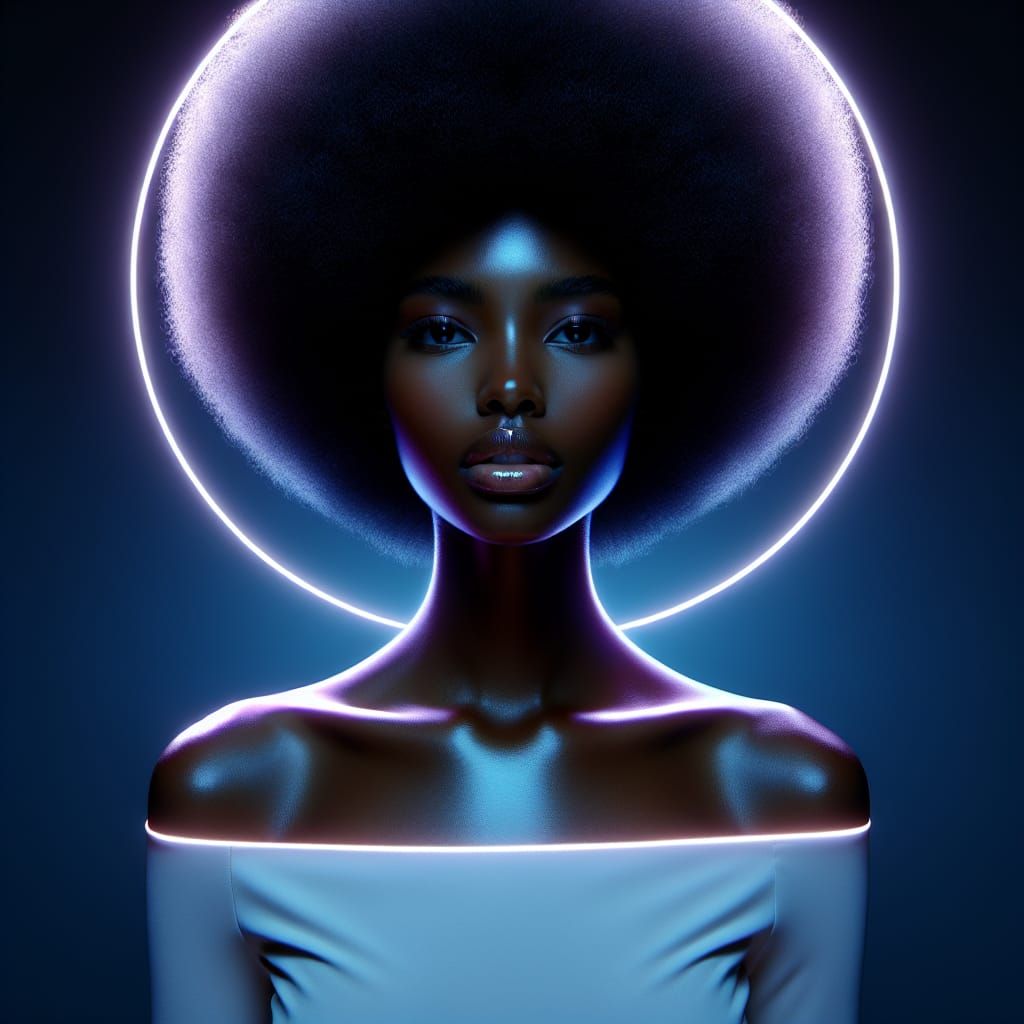 Confident Black Woman Radiates Enigmatic Glow in Futuristic....