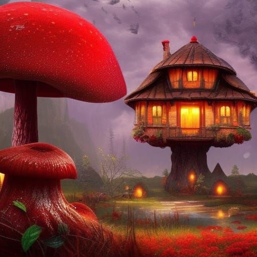 Whimsical Red Mushroom Mansion in Vibrant Digital Matte Pain...