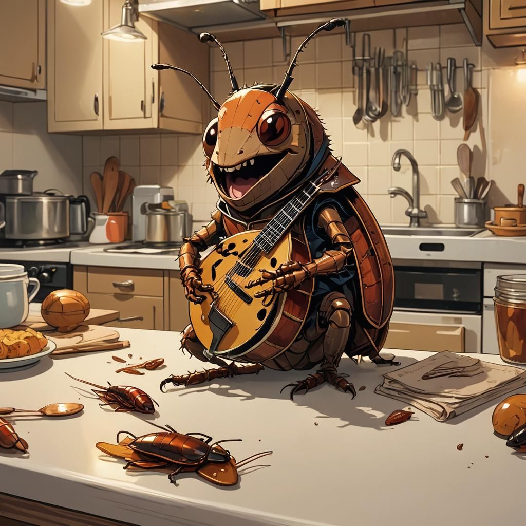 Joyful Cockroach Mandolinist in Vibrant Anime Style