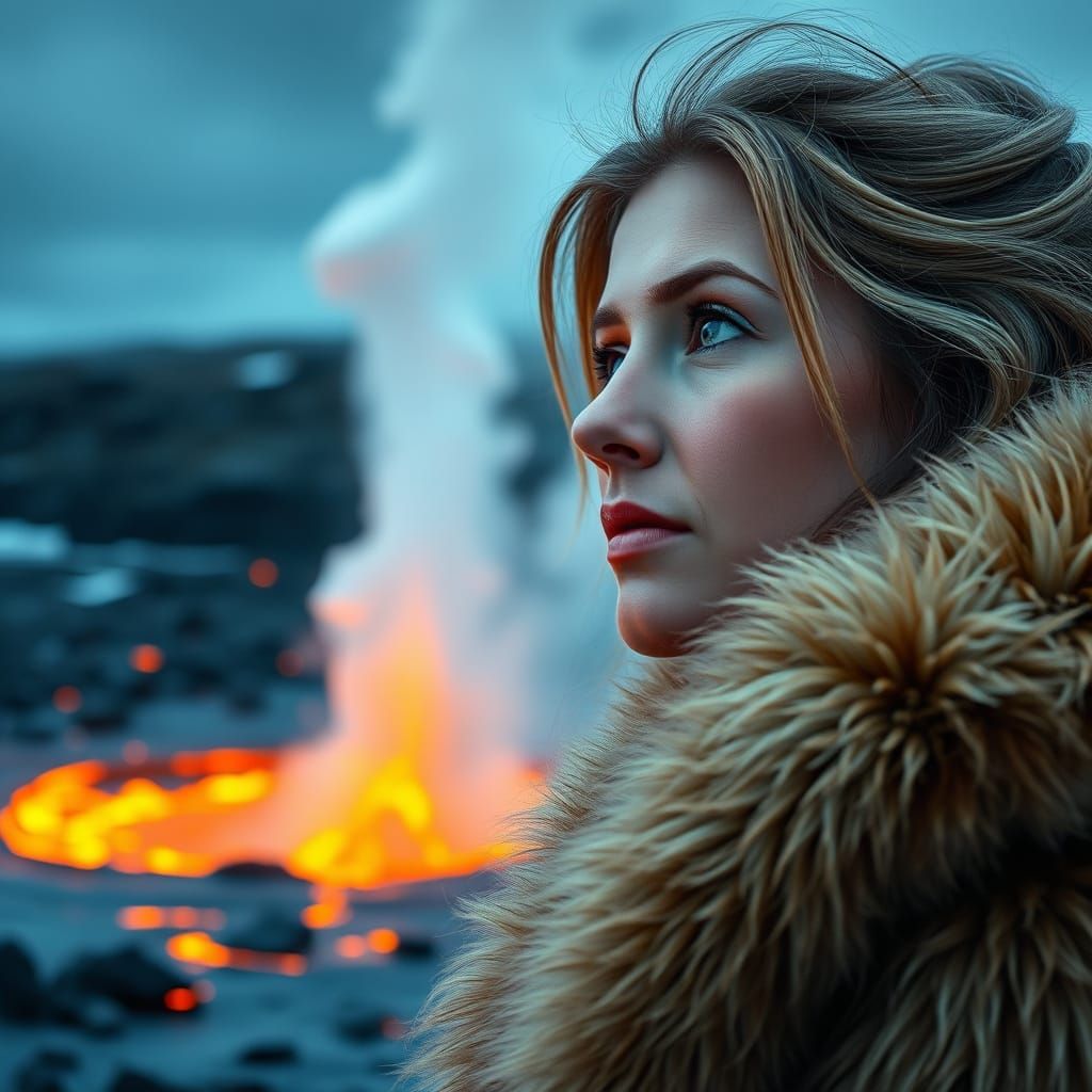 Hyperrealistic Portrait of an Icelandic Woman in Awe of Lava...