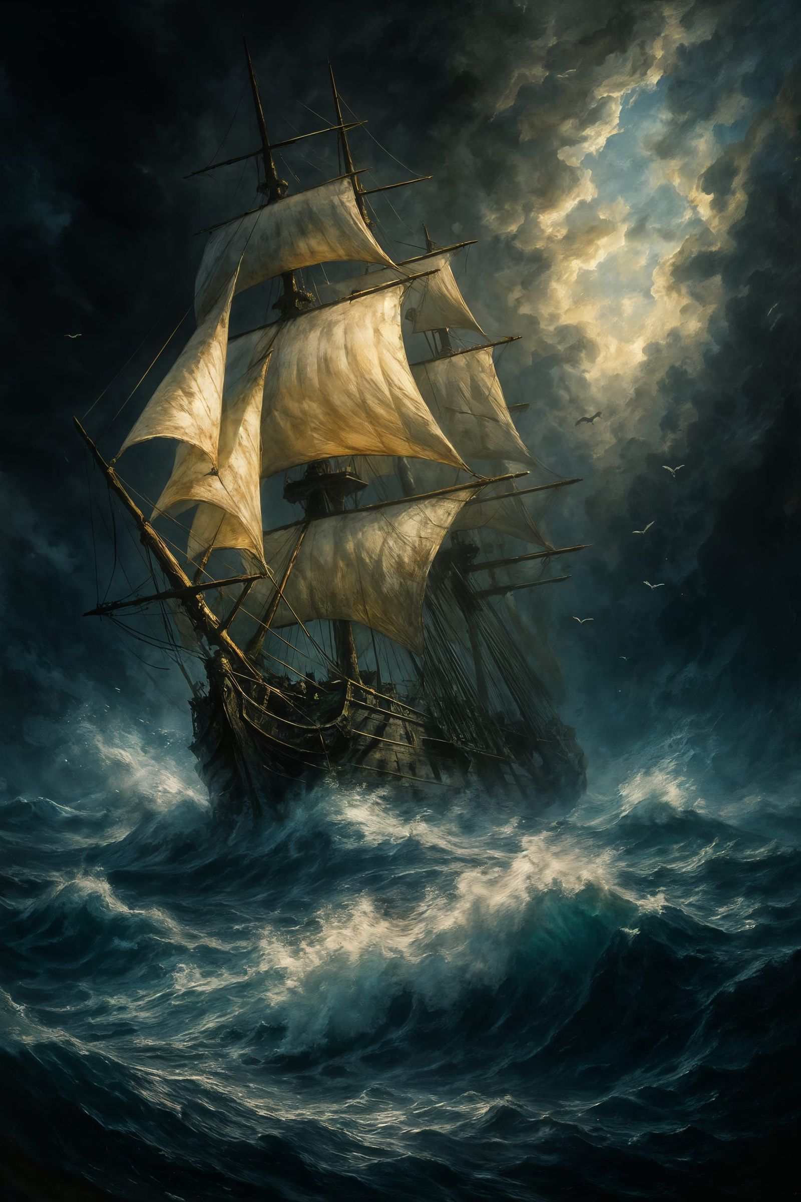Grand Galleon Navigating Tempestuous Seas: Digital Painting