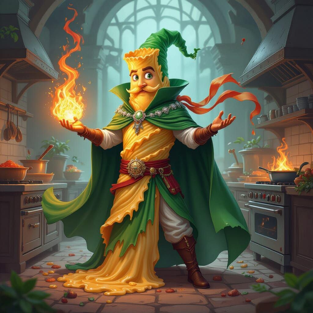 Sentient Pasta Sorcerer Conjures Fiery Marinara and Mint Mag...