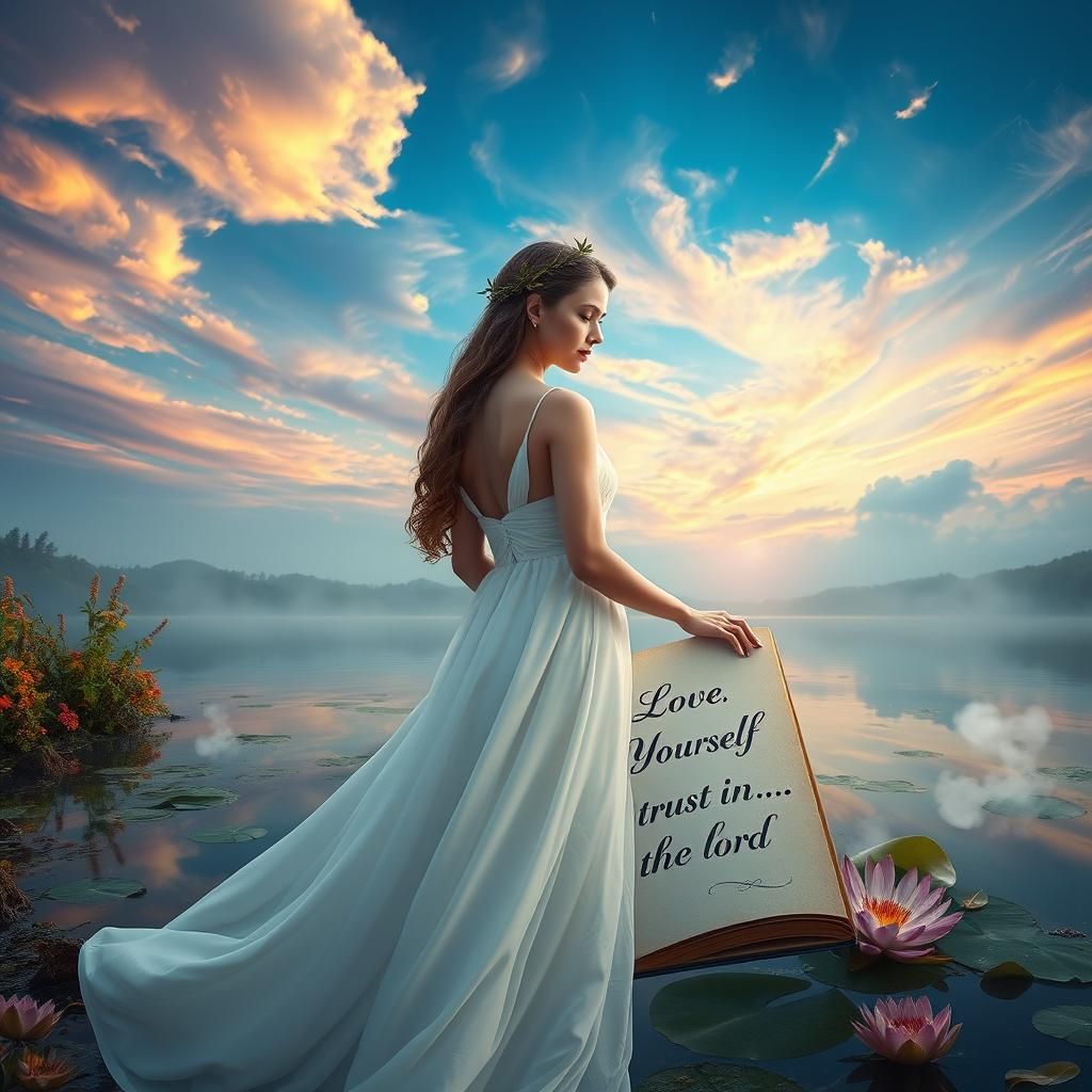 Serene Woman in White Gown Amidst Lush Lake Landscape