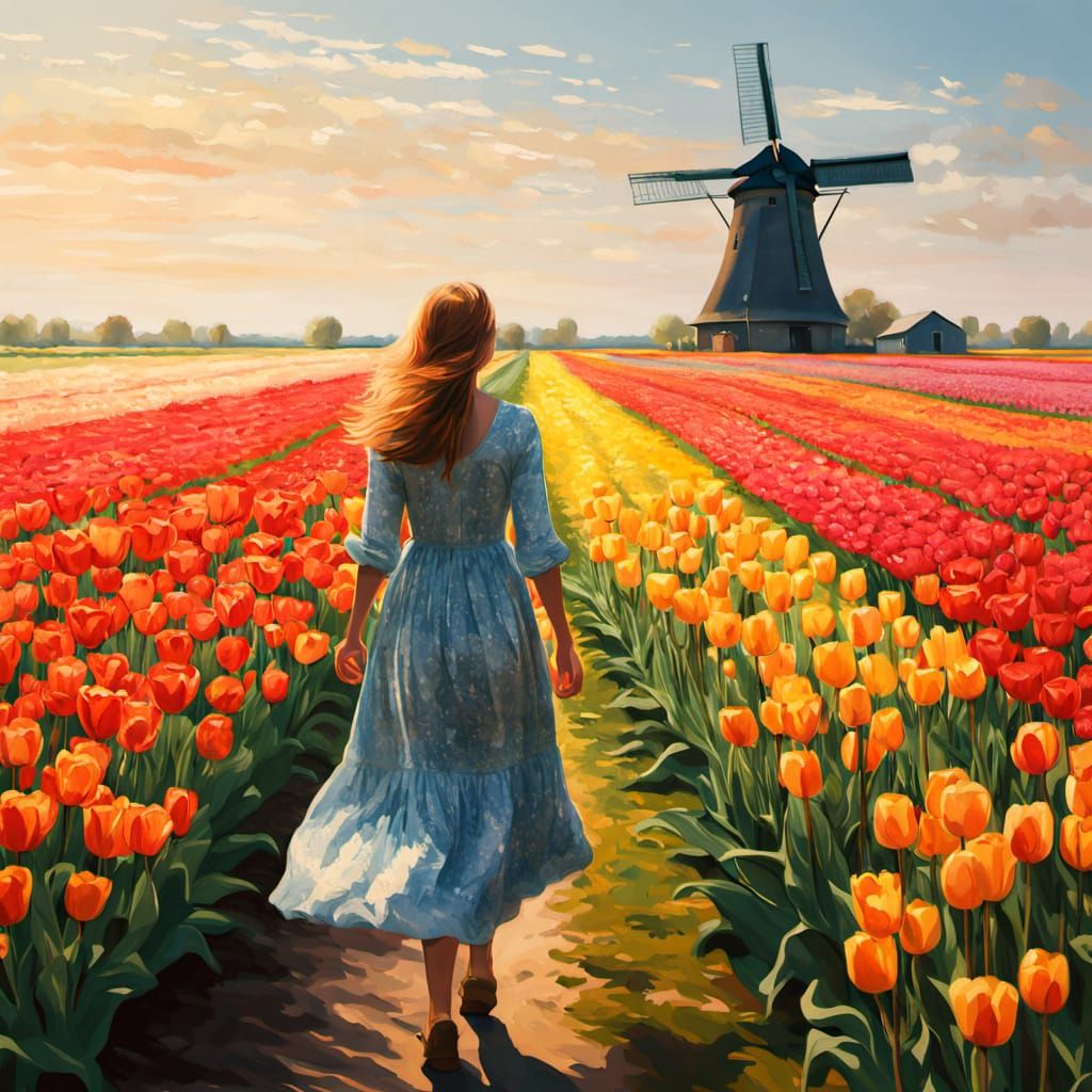 Vibrant Dutch Landscape in Impressionist Gouache Style