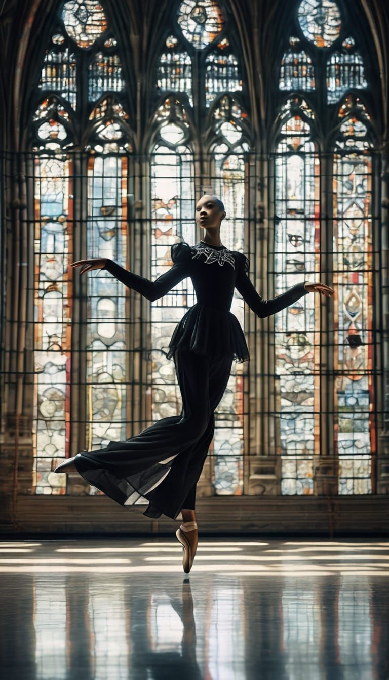 Android Ballerina's Gothic Dance in Empty Cathedral