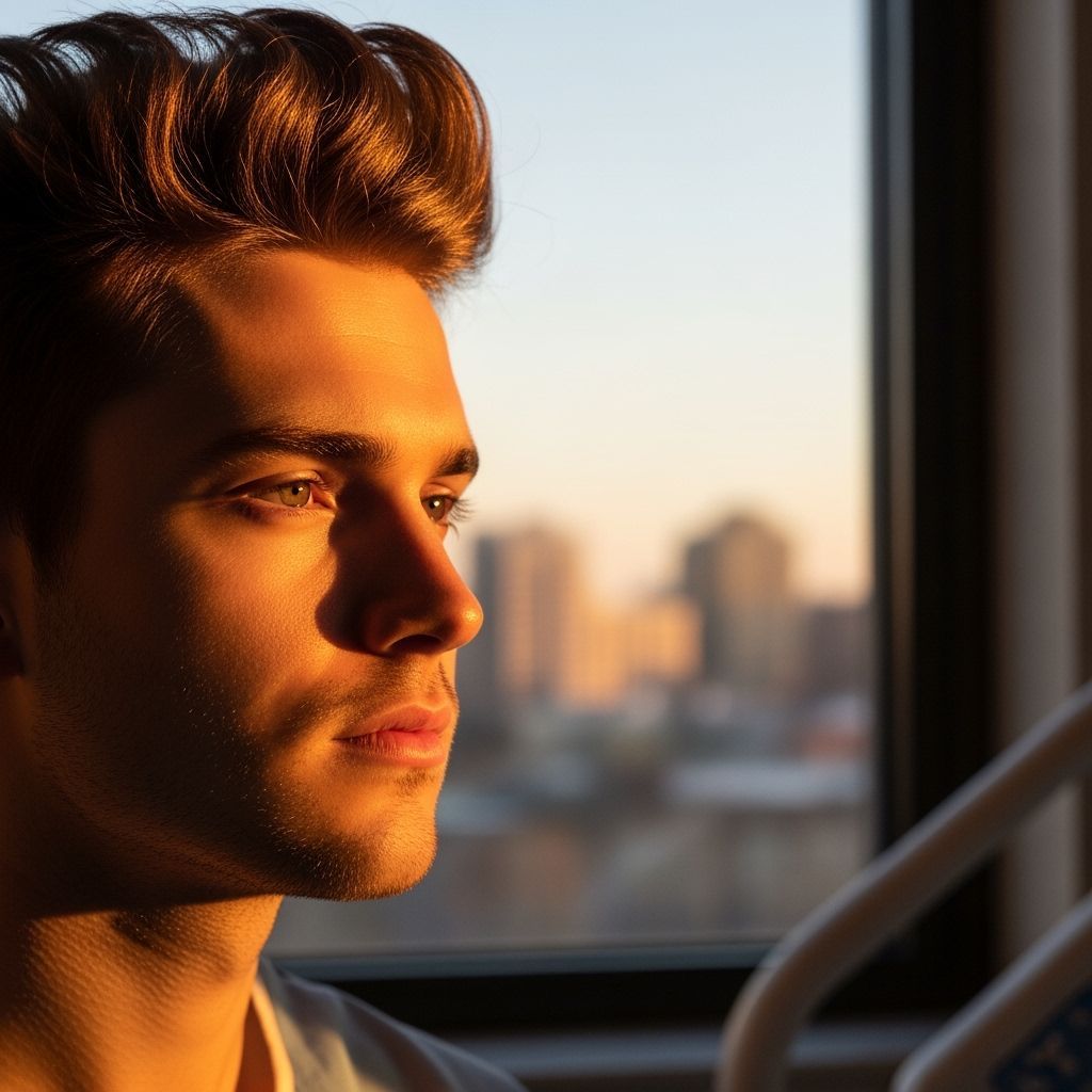 Man Gazes Out Hospital Window at Golden Sunset