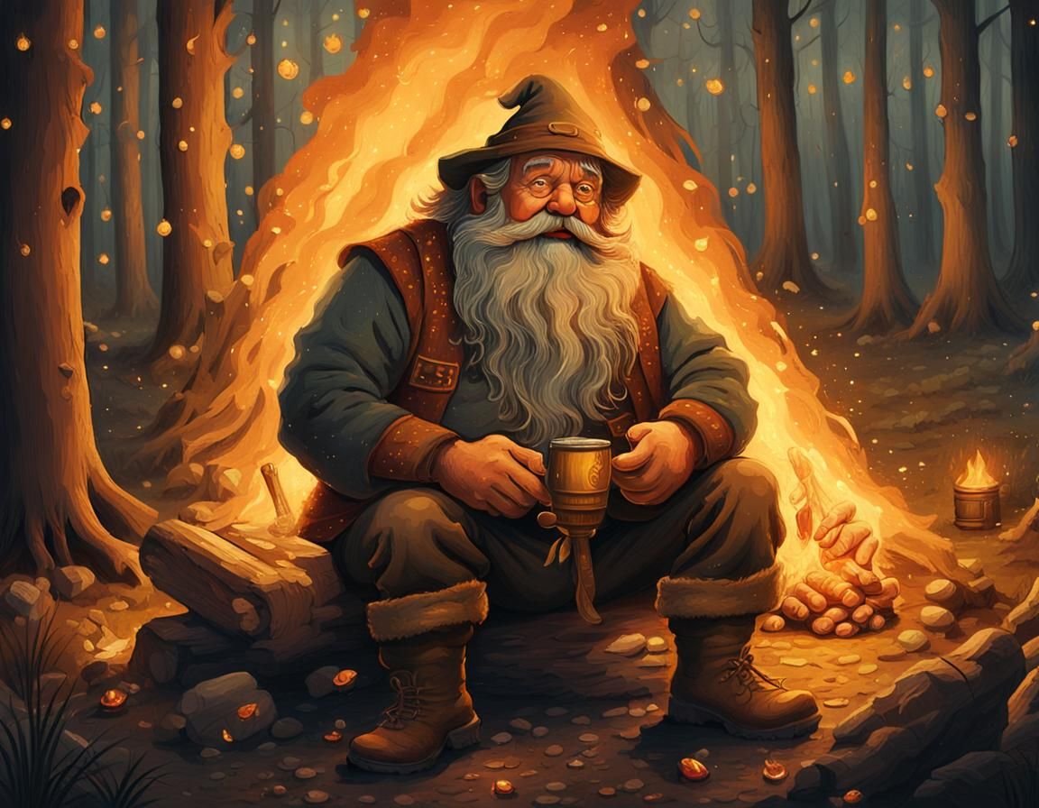 Dwarf by Warm Campfire in Whimsical Folk Art Style