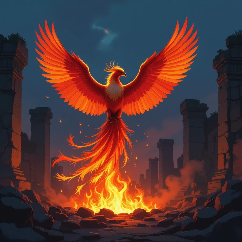 Majestic Phoenix Rises from Embers in Fiery Fantasy Art