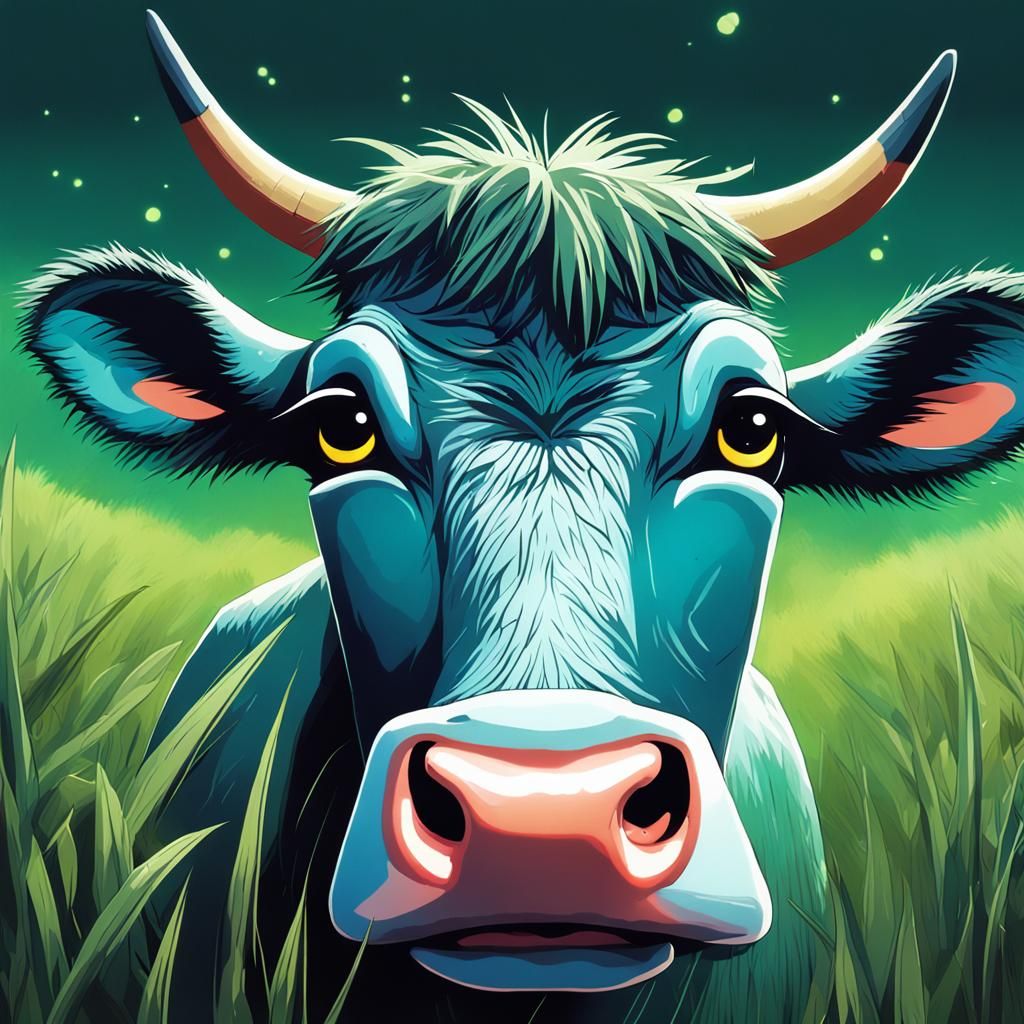 Gorillaz-Style Cow Smiles with Blade of Grass in Mouth in Ci...