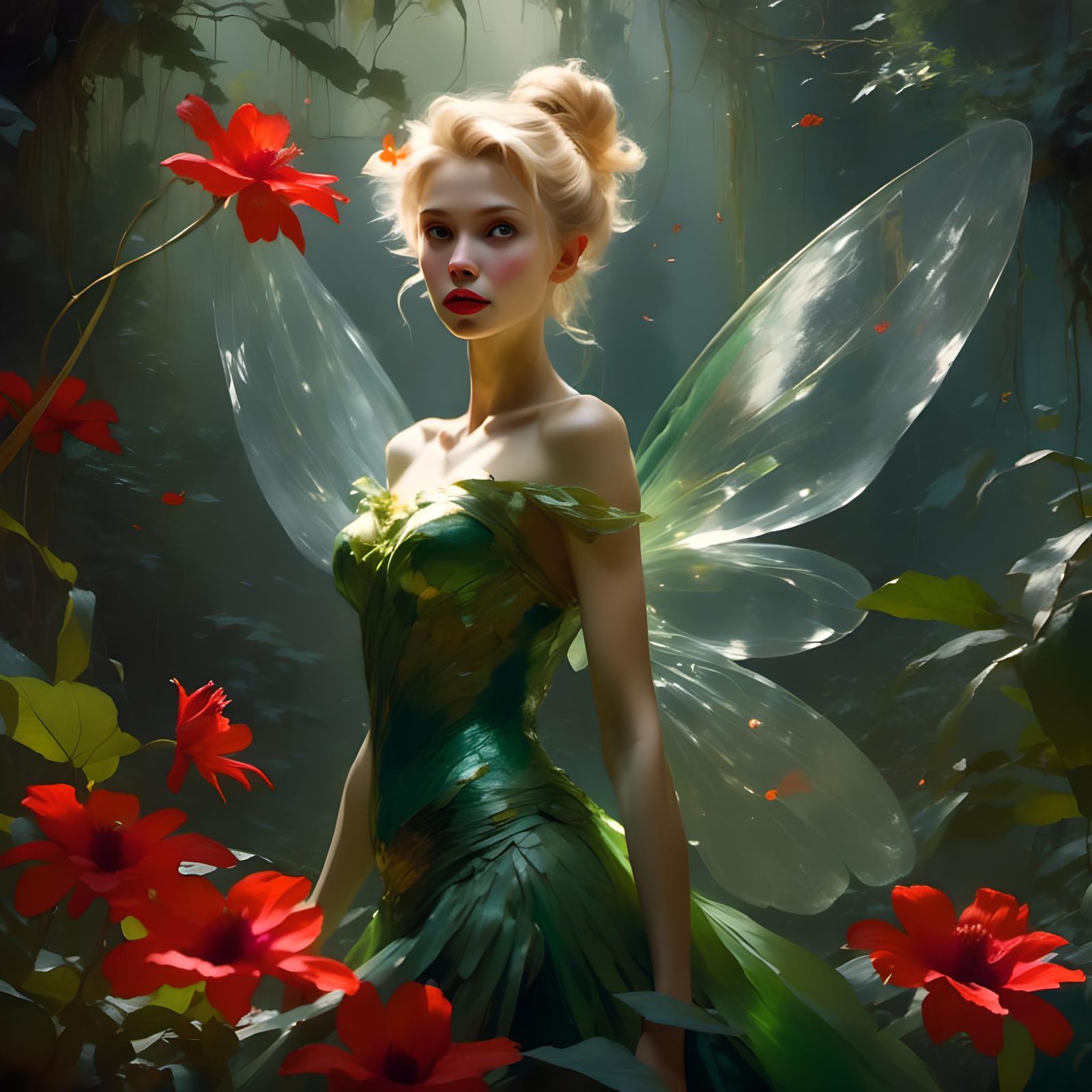 Enchanting Pre-Raphaelite Tinker Bell in Emerald Jungle Sple...
