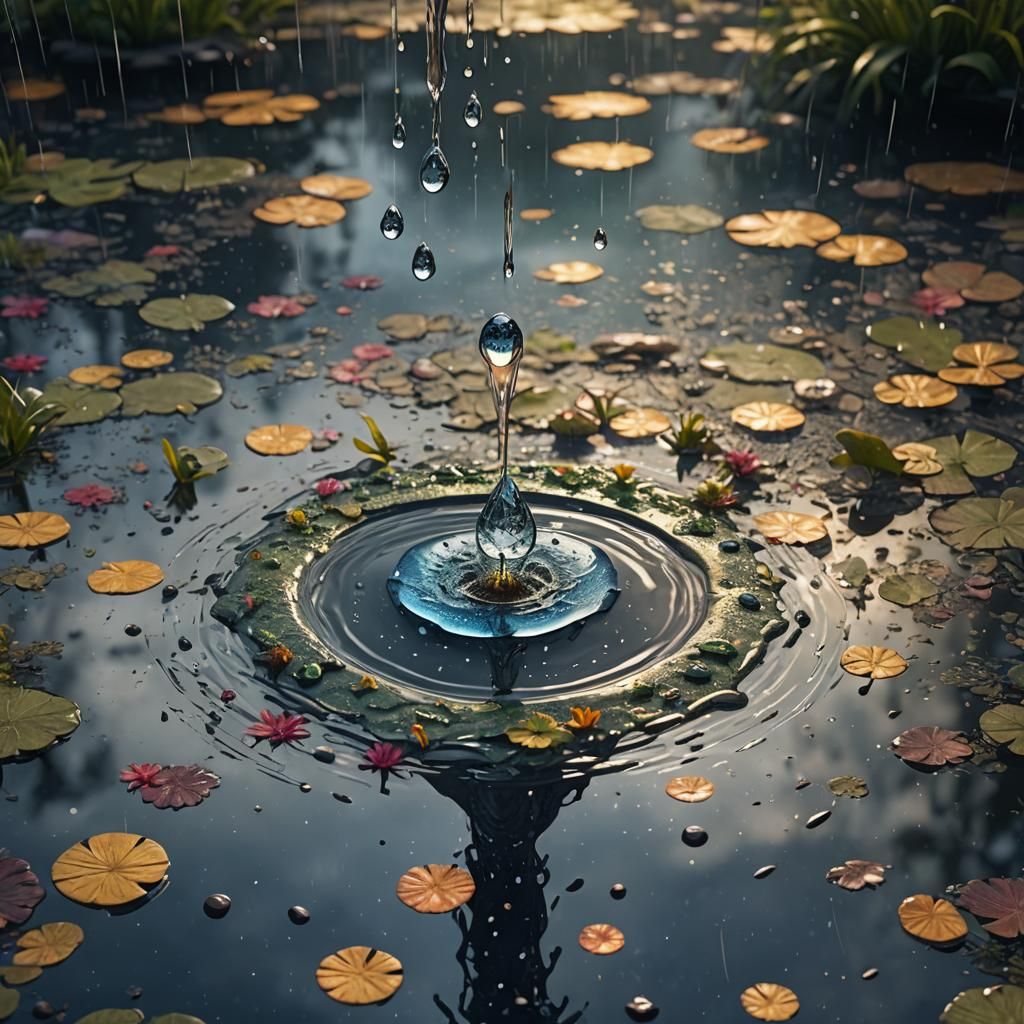 Surreal Cosmic Drop Falls into Pond in Vibrant, Detailed Mat...