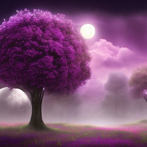 Magical Night Landscape Under a Vibrant Purple Moon