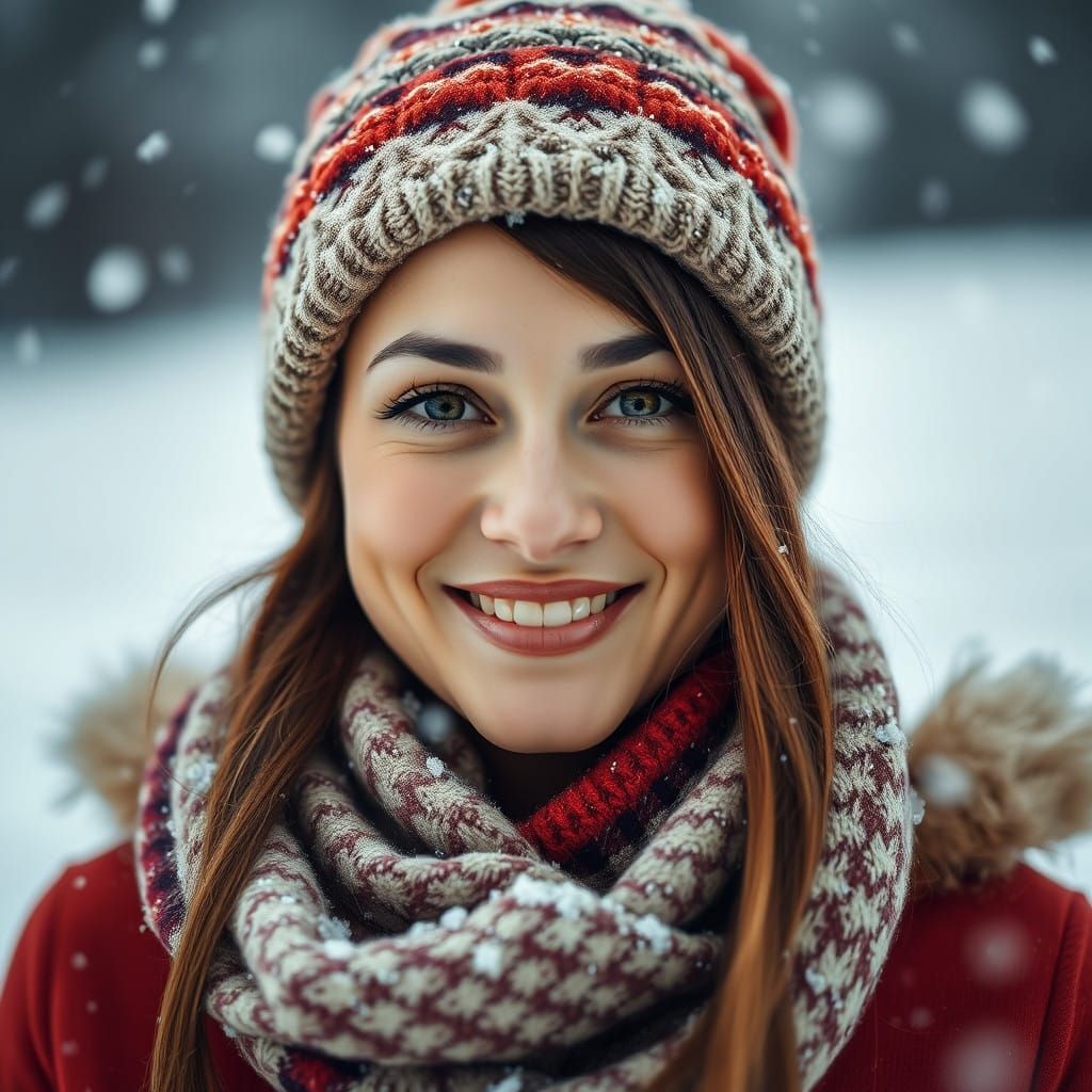 Warm Woman Surrounded by Snowy Landscape in Minimalist Style