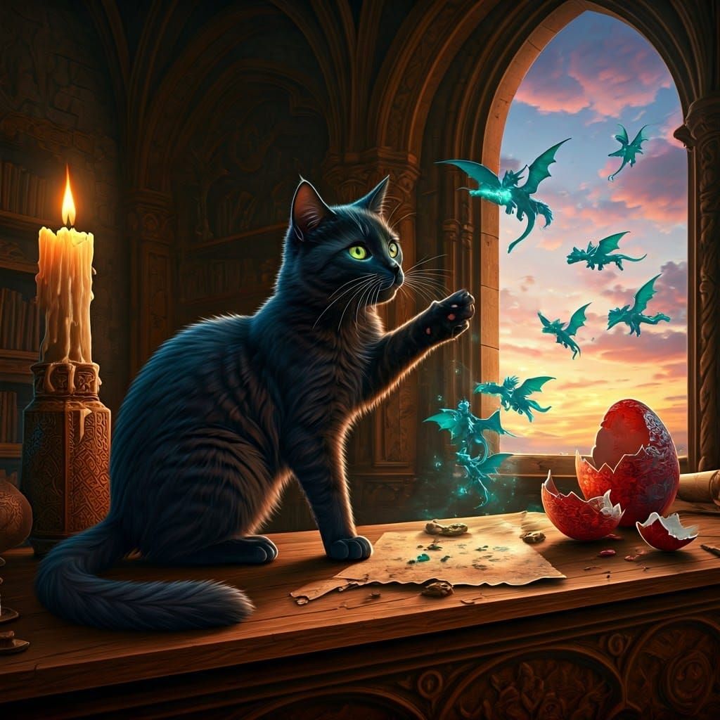 Whimsical Cat Battles Iridescent Dragons in Grand Castle Roo...