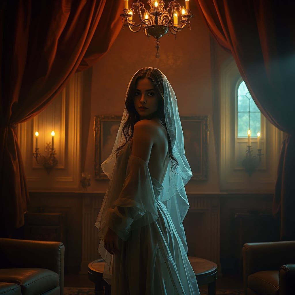 Mysterious Woman in Lavish Room: Photorealistic Dreamscape