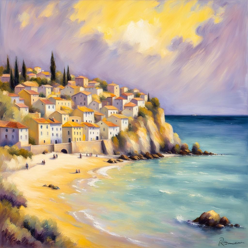Coastal Town in Soft Pastel Hues, Inspired by Renoir