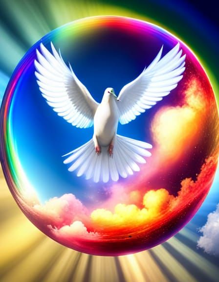 Surreal Rainbow Orb Awe: A Dove Soars in Spiritual Radiance