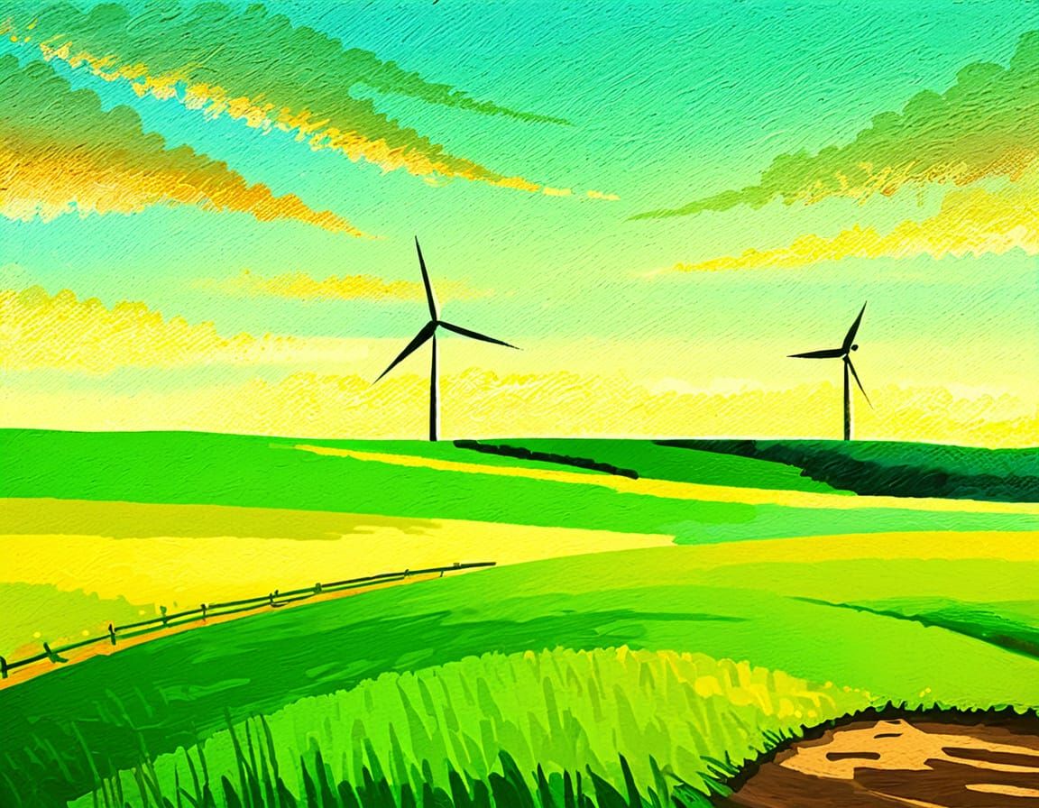 Impressionistic Windmill Landscape at Golden Hour
