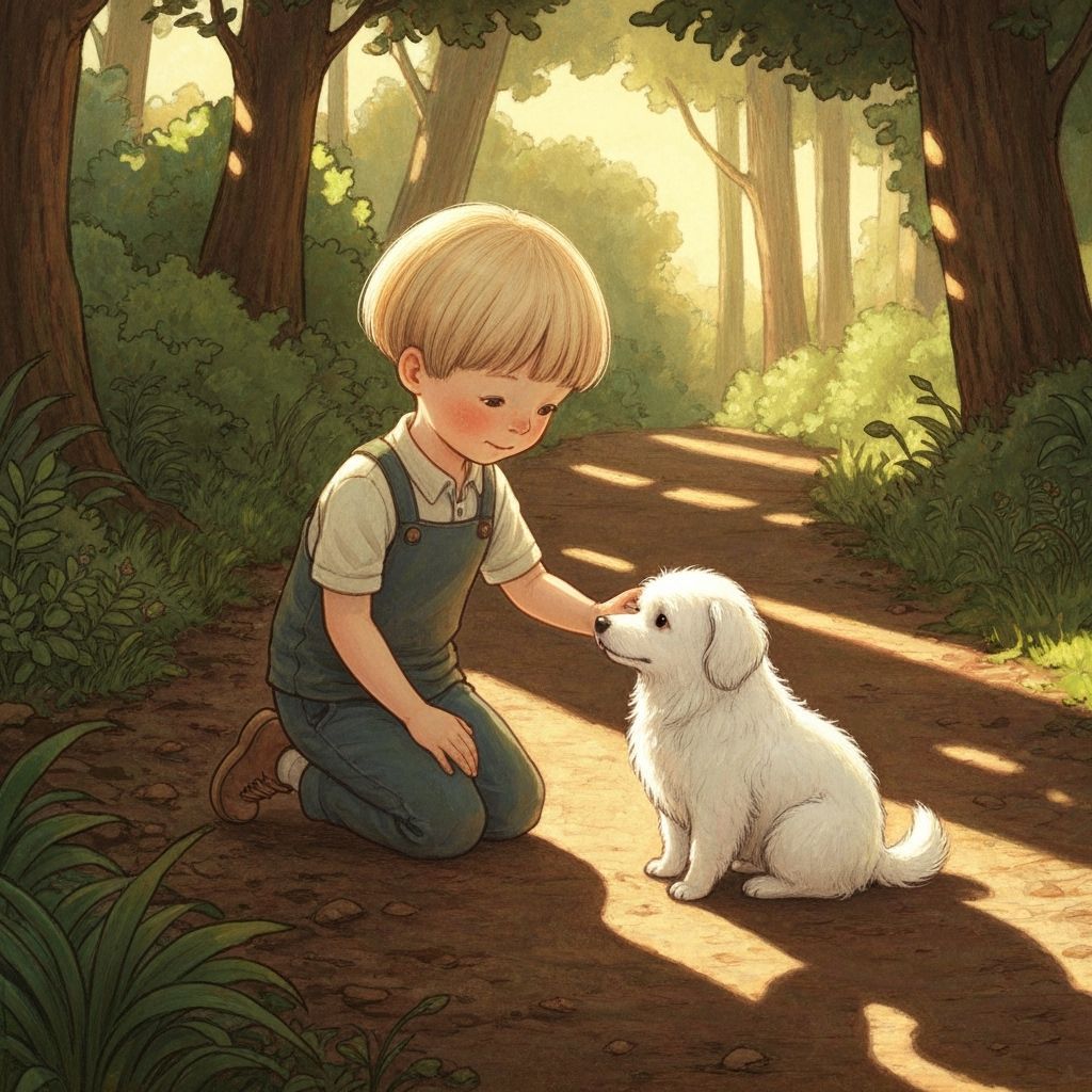 Boy with Mushroom Hair Petting Fluffy White Dog in Woods
