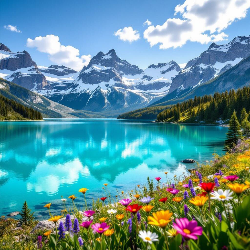 Hyper-Realistic Alpine Scenery with Turquoise Lake