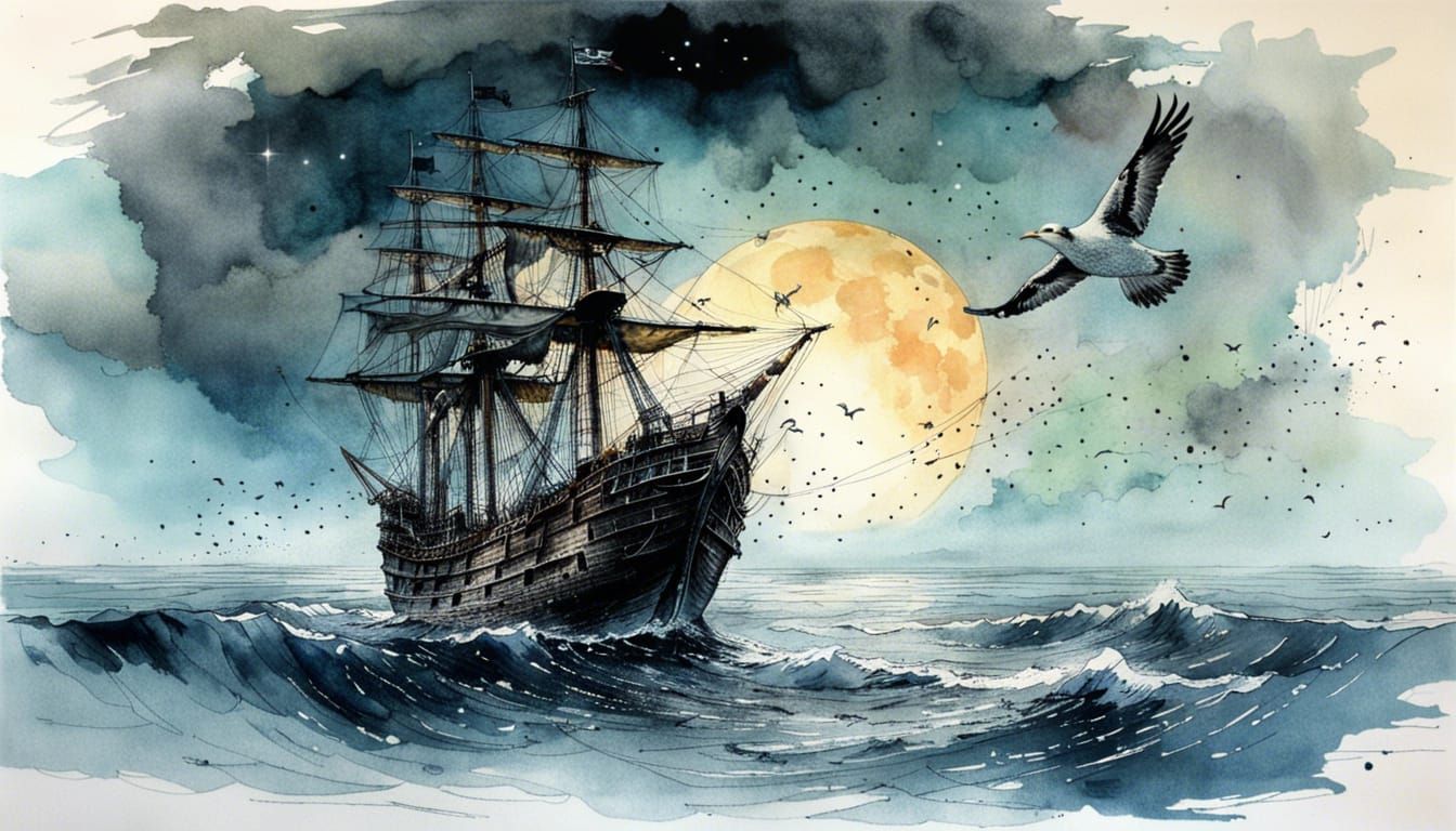 Majestic Albatross soars above a Pirate Ship on a Moonlit Oc...