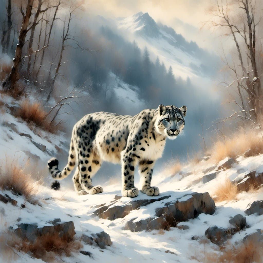 Snow Leopard Stalking Through Misty Mountain Forest