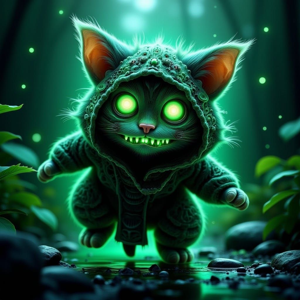 Whimsical Ninja Cat in a Dark Rainforest Arena