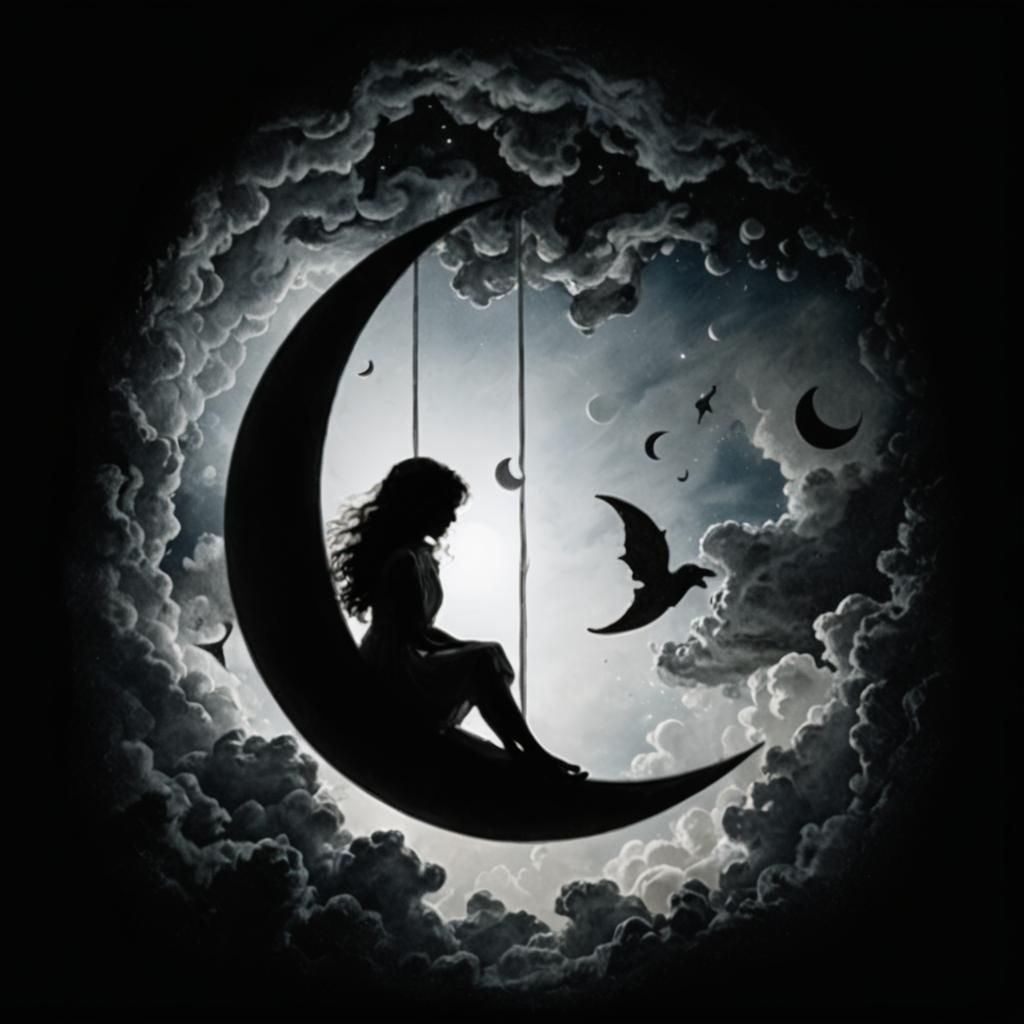 Ethereal Girl on a Crescent Moon: Surrealist Masterpiece